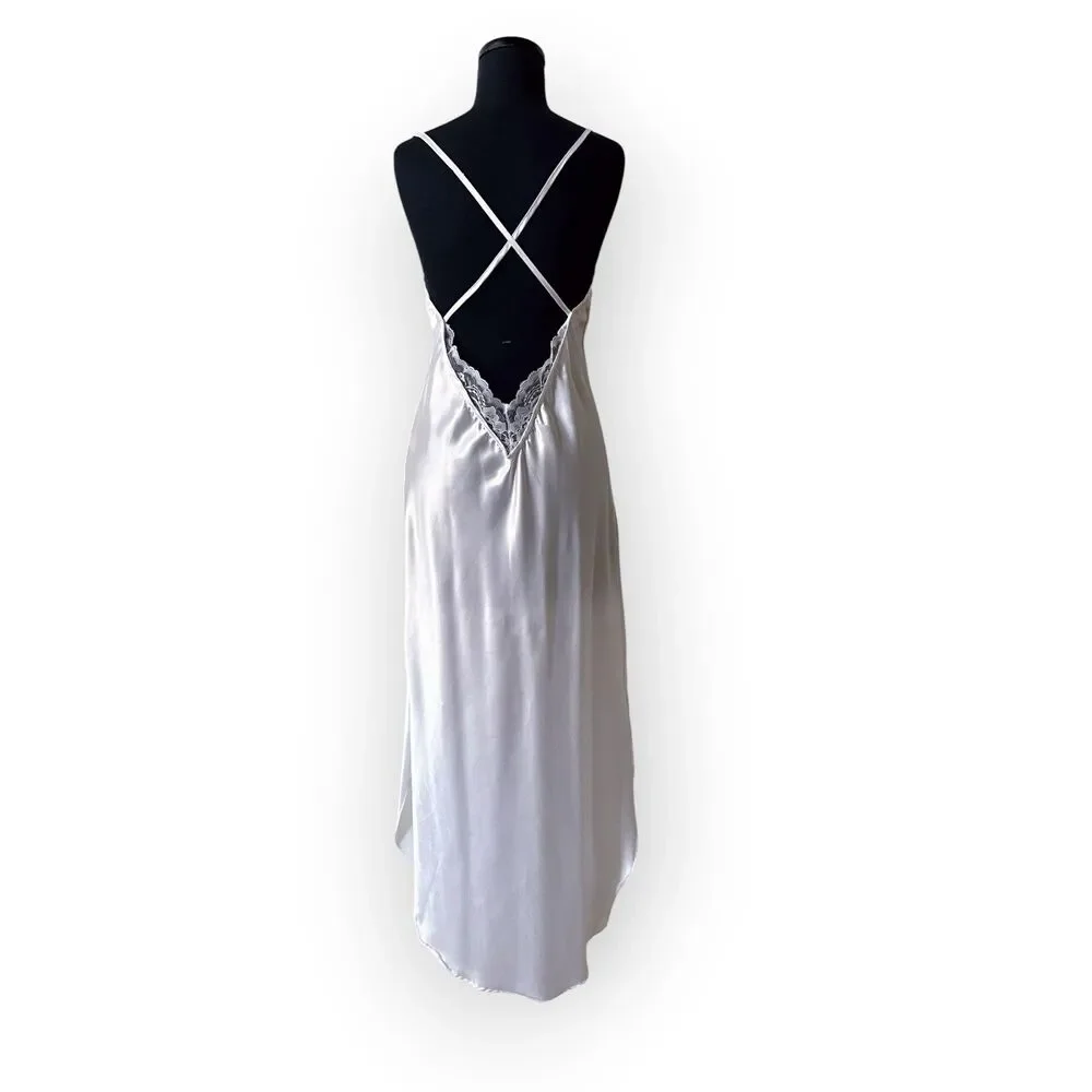 VTG Faris White Satin Slip Dress Large Maxi Open Back Bridal Lingerie 90s USA